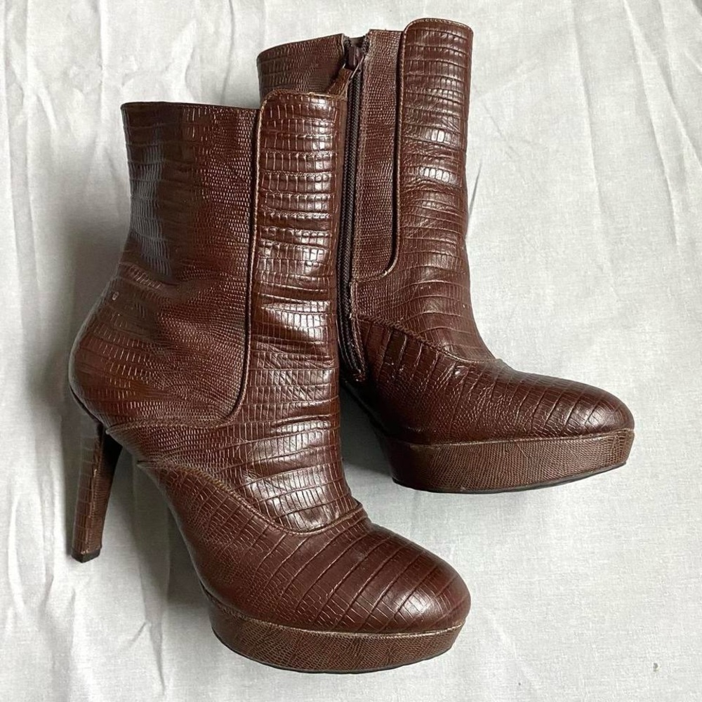 Brown Leather Snakeskin Heeled Boots